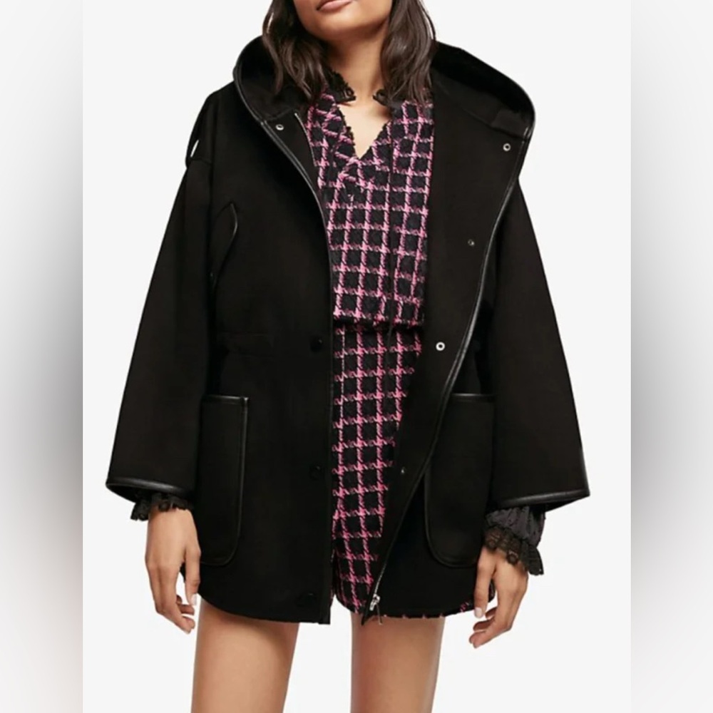 Maje Gangmille Wool-Blend Hooded Coat in Black Size Small New